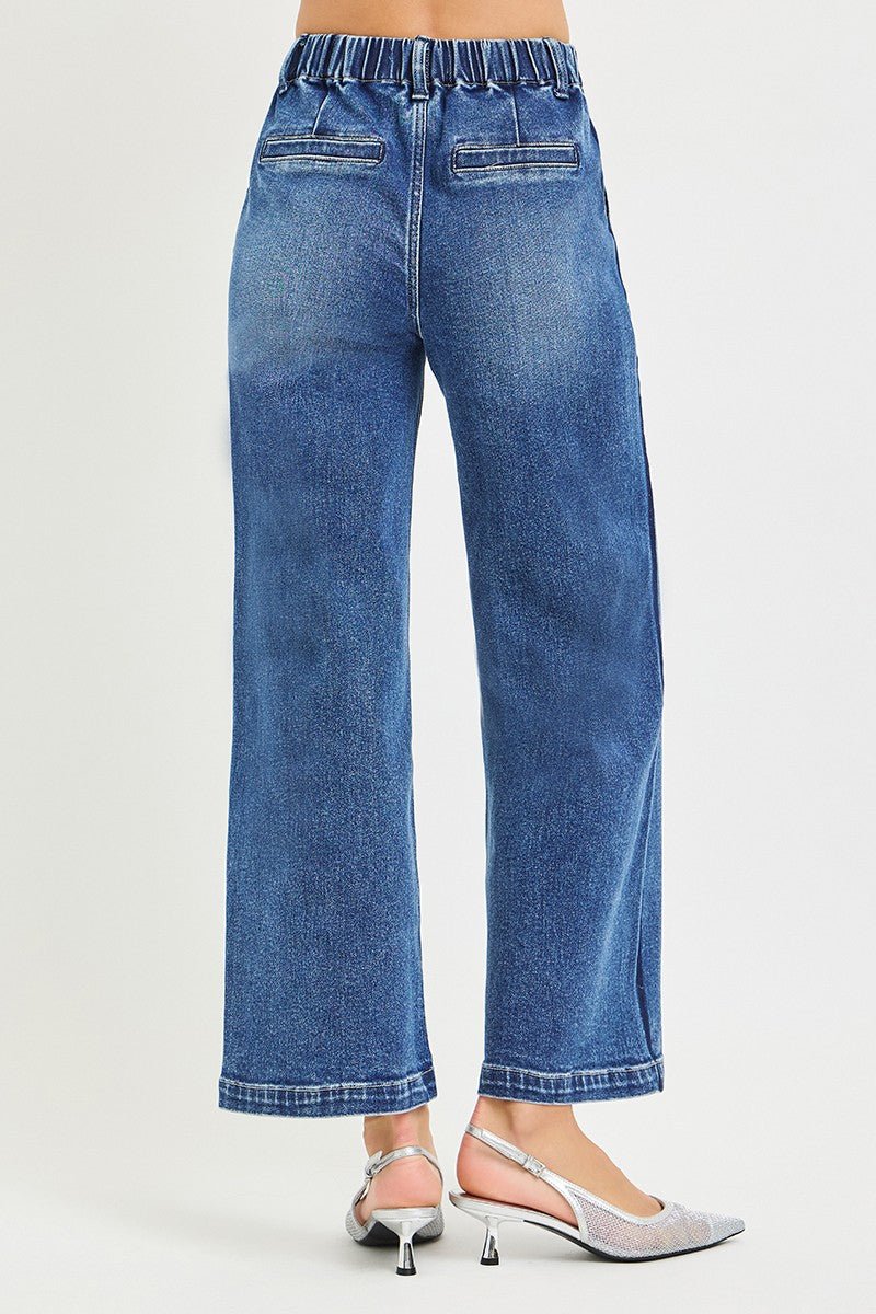 Medium Wash Elastic Band High Rise Cropped Wide Jeans by Risen