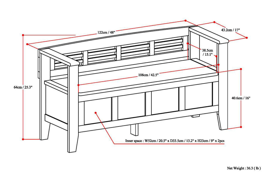 Adams 48 Inch Wide Solid Wood Entryway Storage Bench
