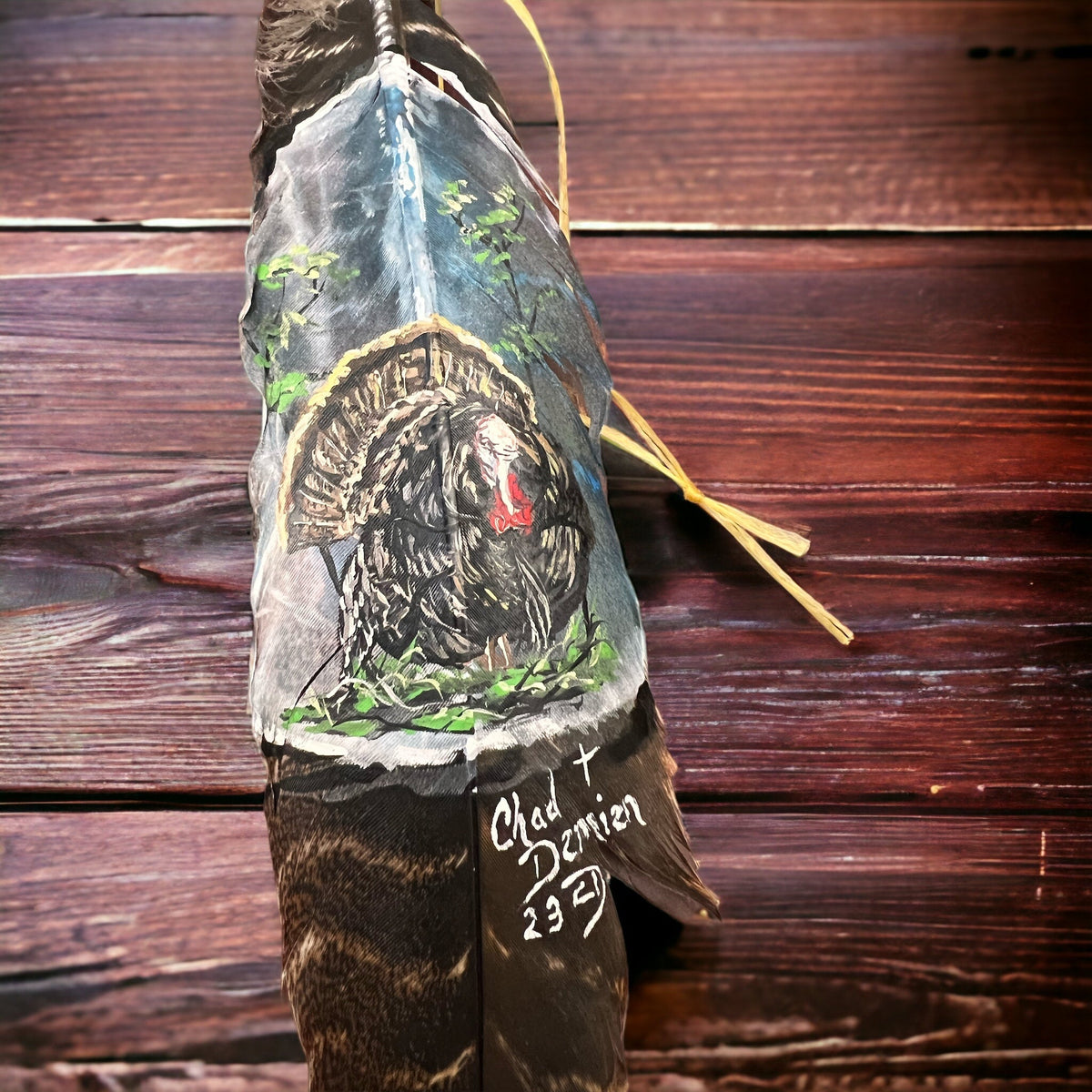 Painted hat feather by Chad Demien - Wild turkey