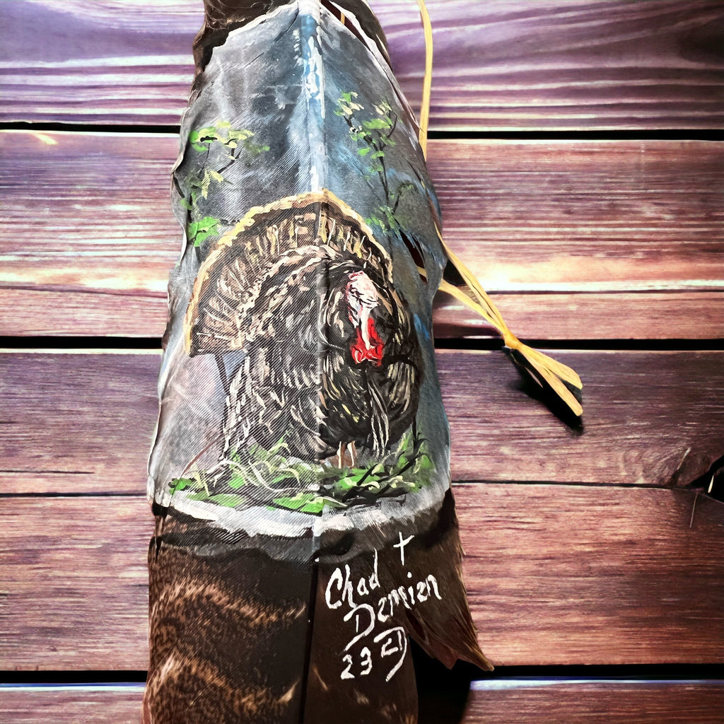 Painted hat feather by Chad Demien - Wild turkey