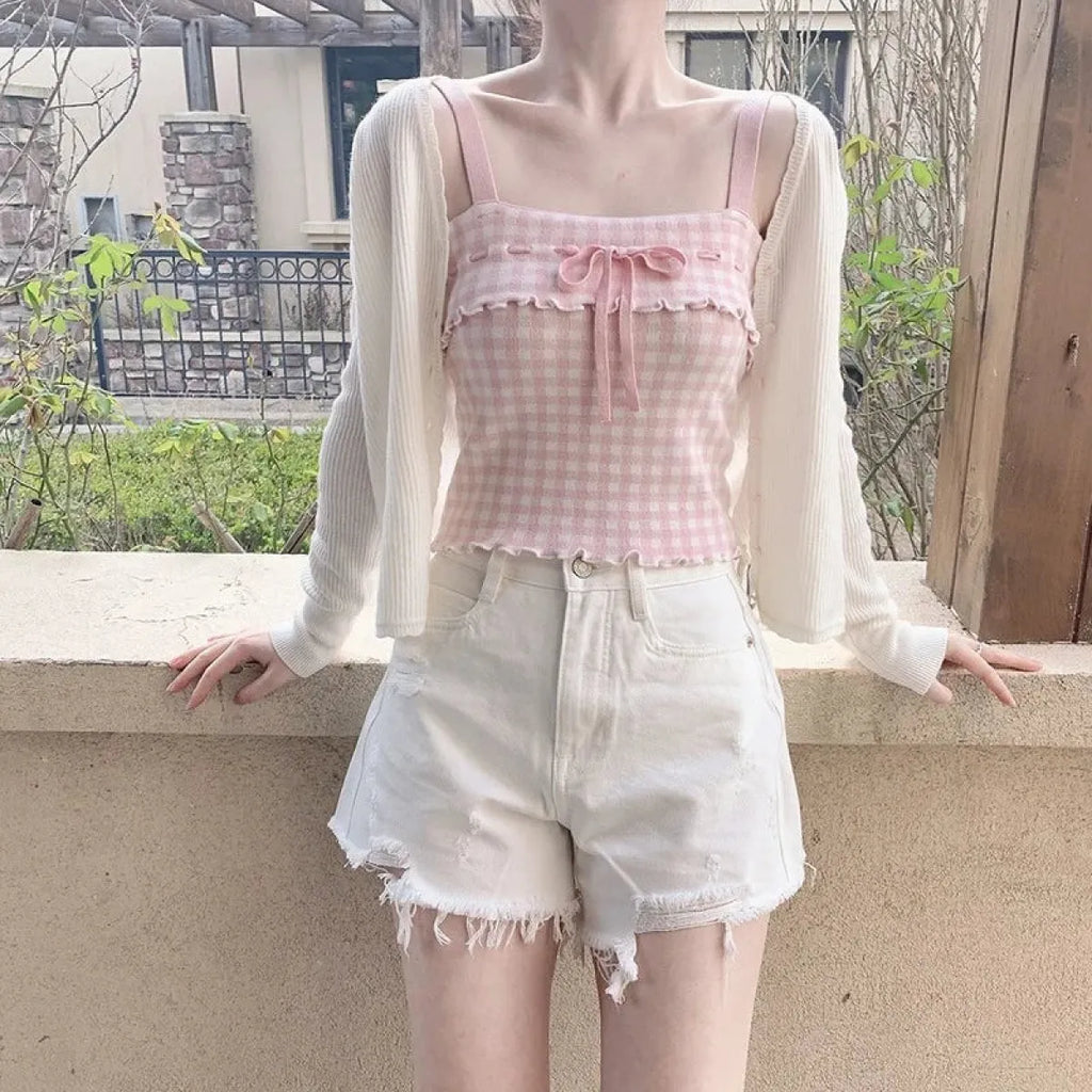 Pink Sweet Plaid Ribbon Crop Top
