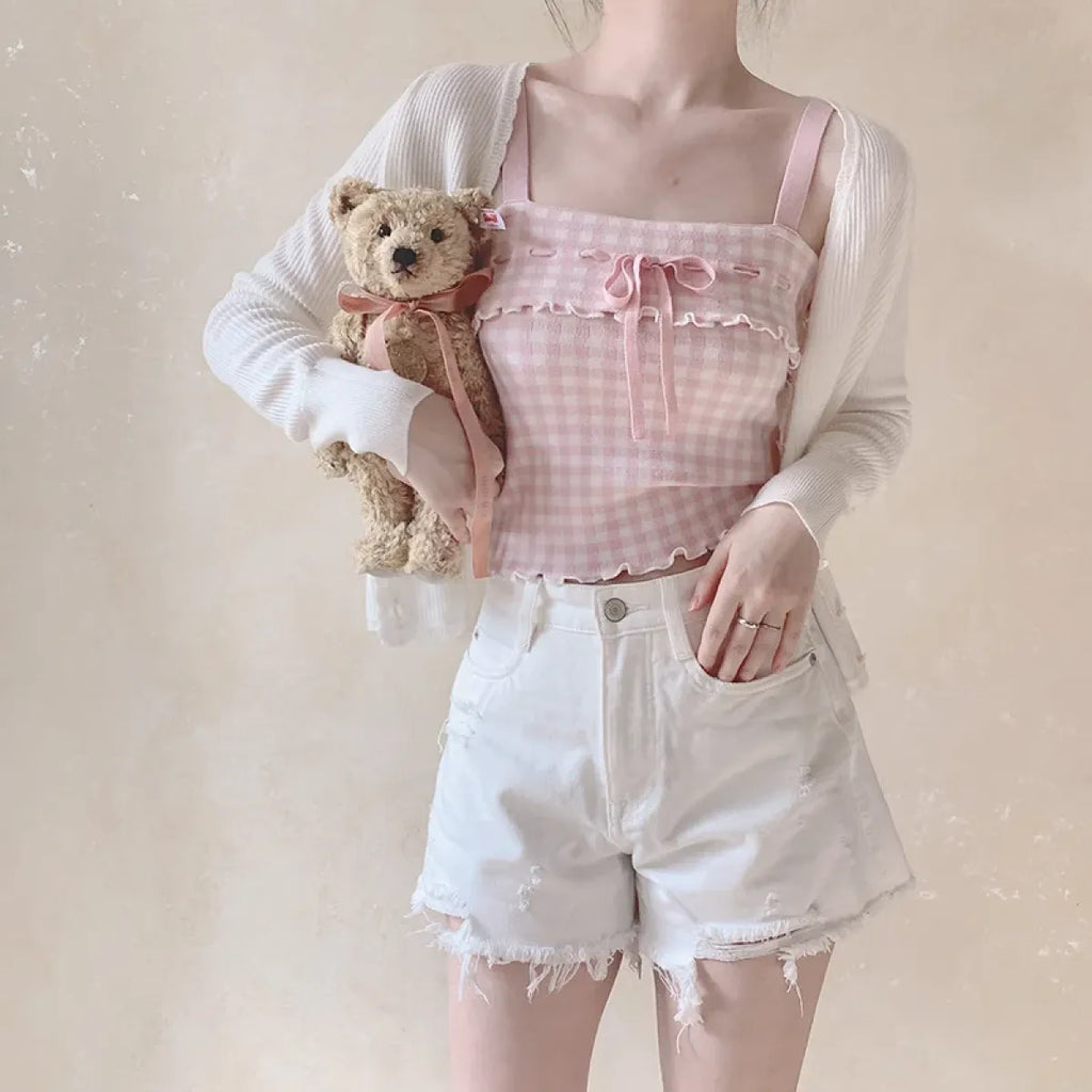 Pink Sweet Plaid Ribbon Crop Top