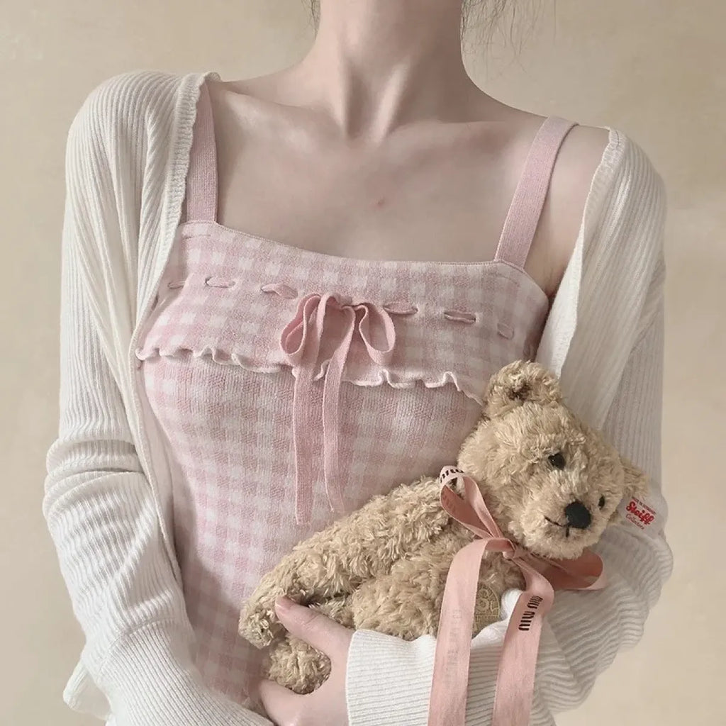 Pink Sweet Plaid Ribbon Crop Top