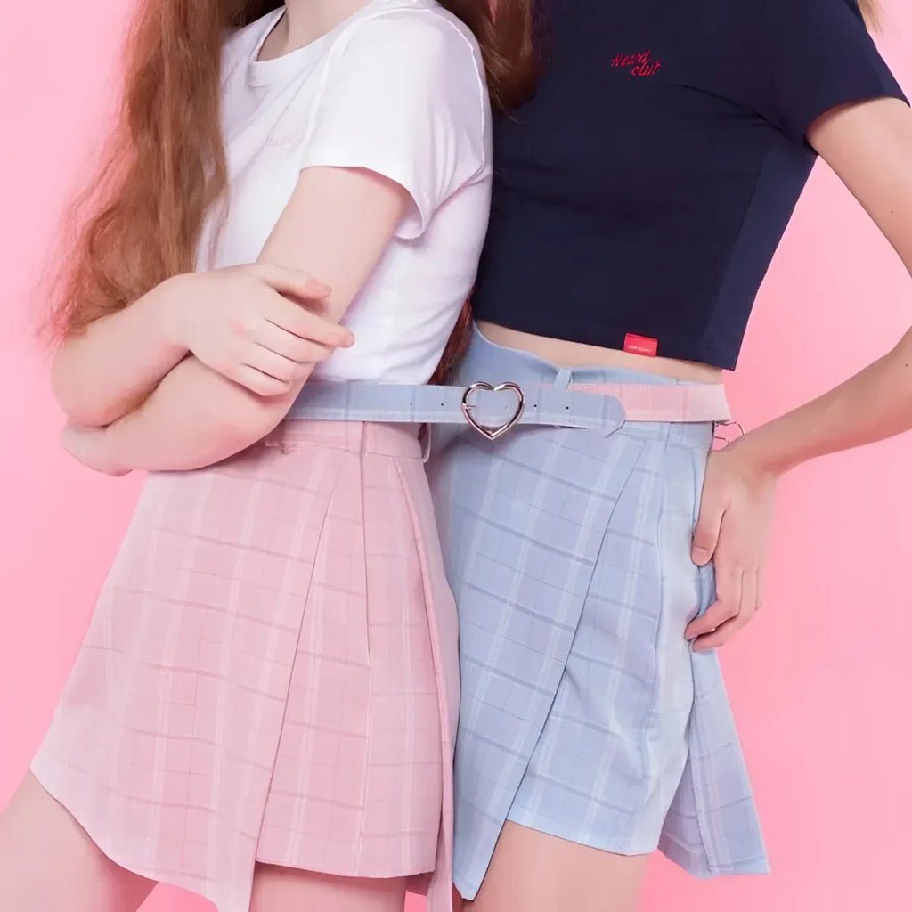 Plaid A-Line Mini Skirt with Heart Buckle