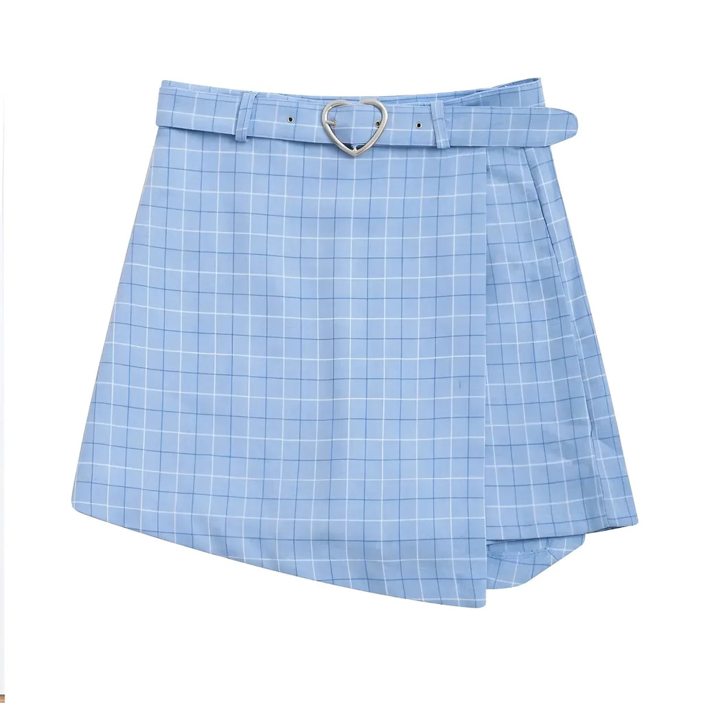 Plaid A-Line Mini Skirt with Heart Buckle