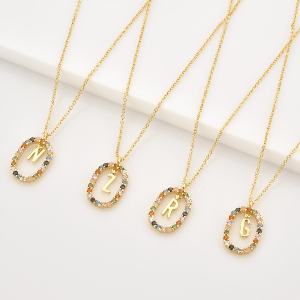 Sterling Silver Gold 26 Alphabet B J P Letters A M Initial Long Chain Necklace Summer Colorful Zircon Ovals