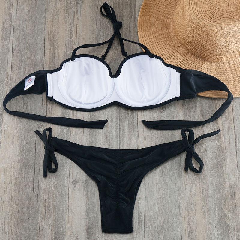 Bikini Solid Strappy Bandage Bikinis Set White Push Up Bikini Swimwear Swimsuit Bathing Suit Women's Ribbed Tie Bikini Adjustable Lace Up Bottom String Women Swimsuit