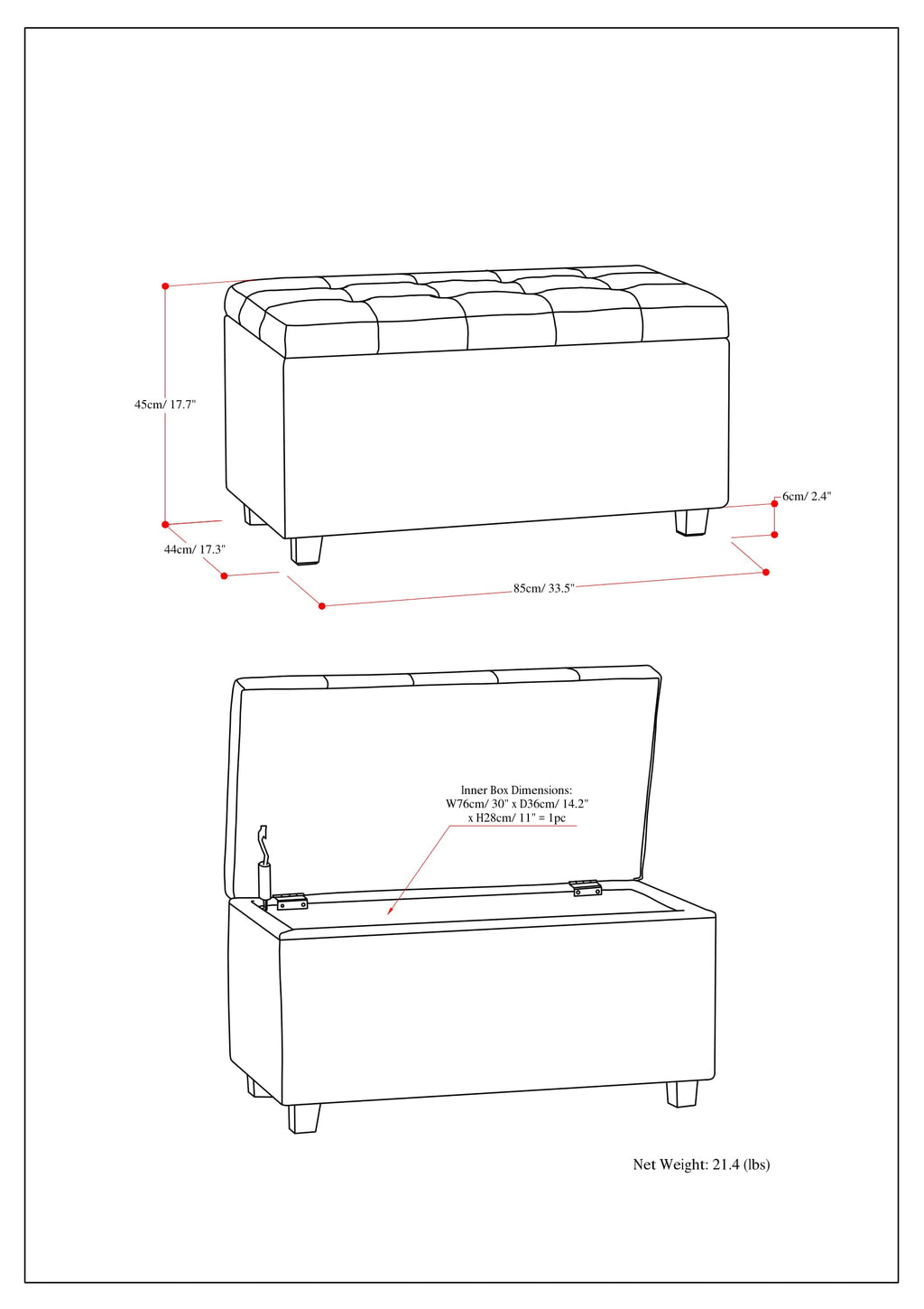 Cosmopolitan 34 Inch Wide Storage Ottoman in Soft