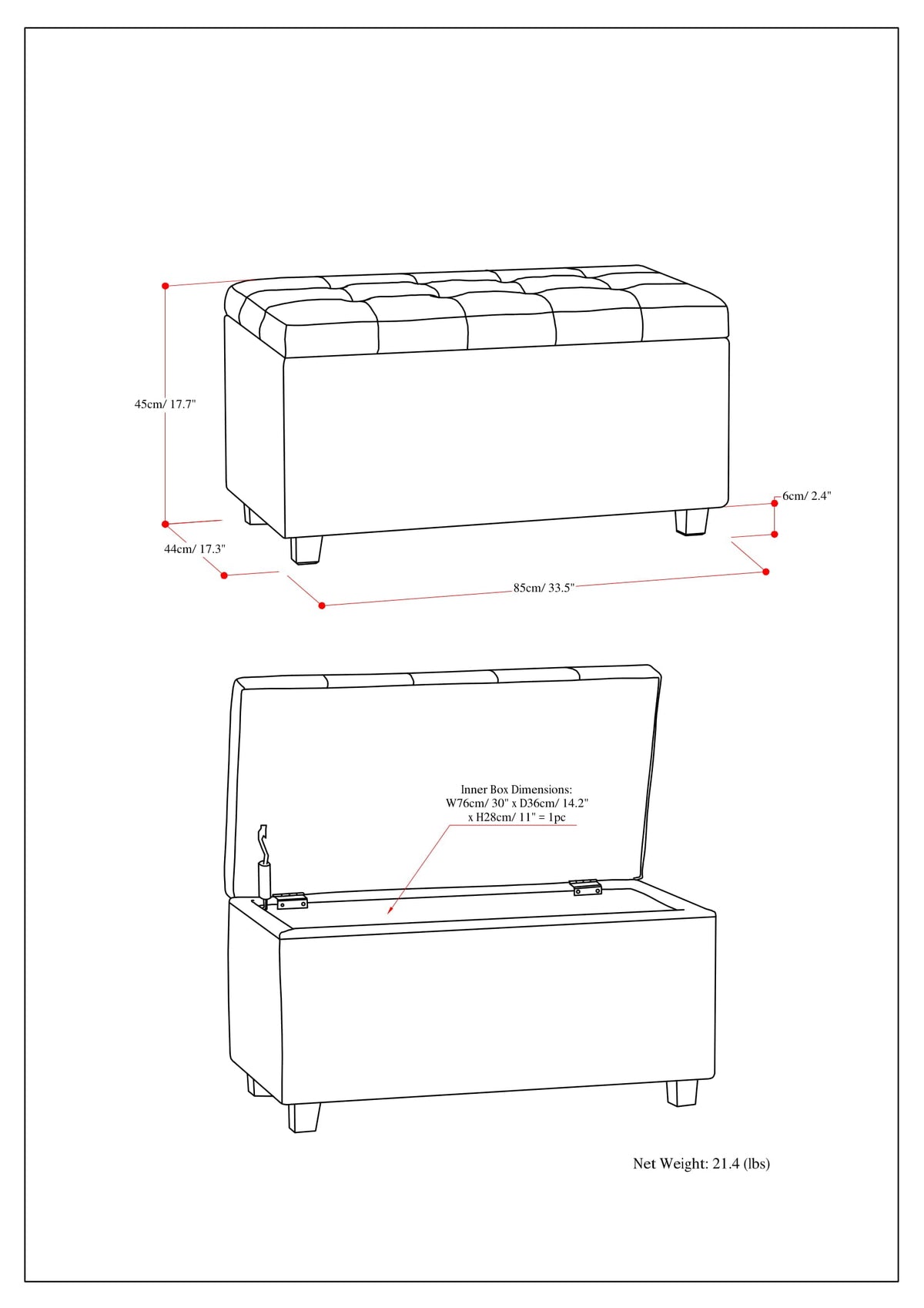 Cosmopolitan 34 Inch Wide Storage Ottoman in Soft