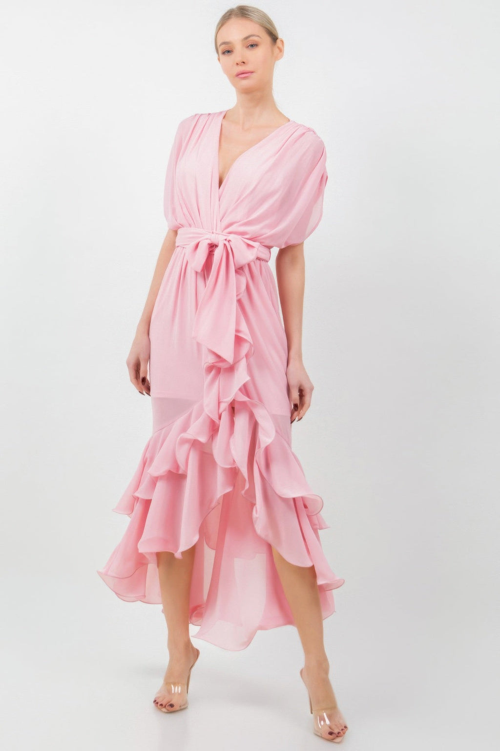 Solid Tie Waist Ruffle Midi Dress