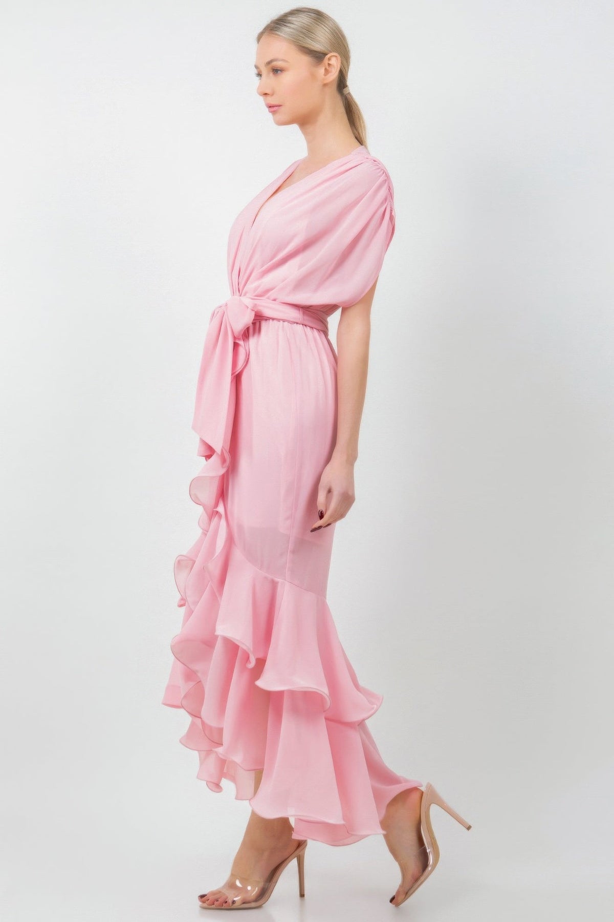 Solid Tie Waist Ruffle Midi Dress
