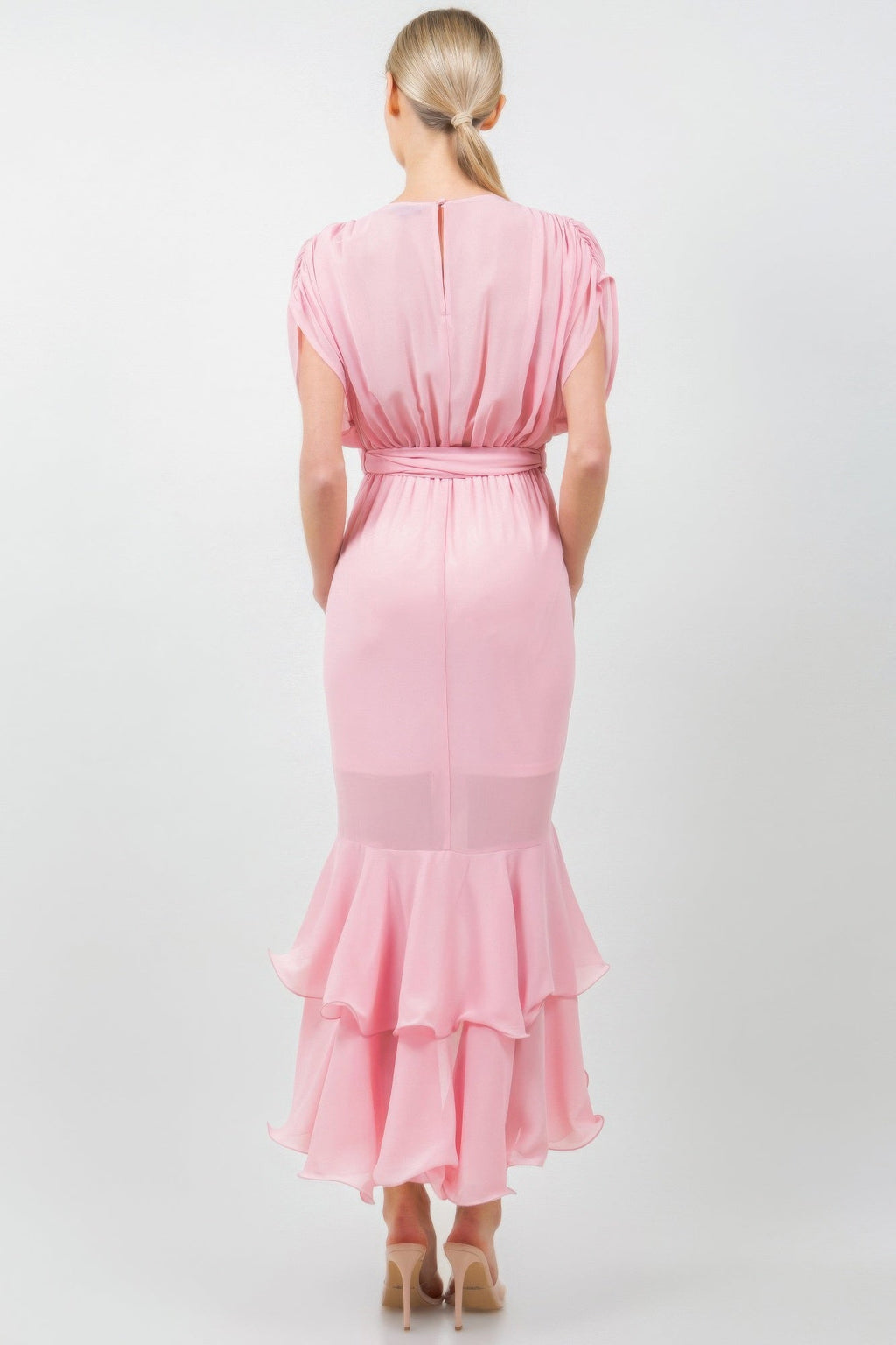 Solid Tie Waist Ruffle Midi Dress