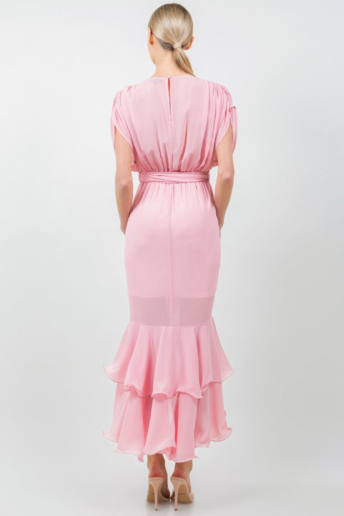 Solid Tie Waist Ruffle Midi Dress