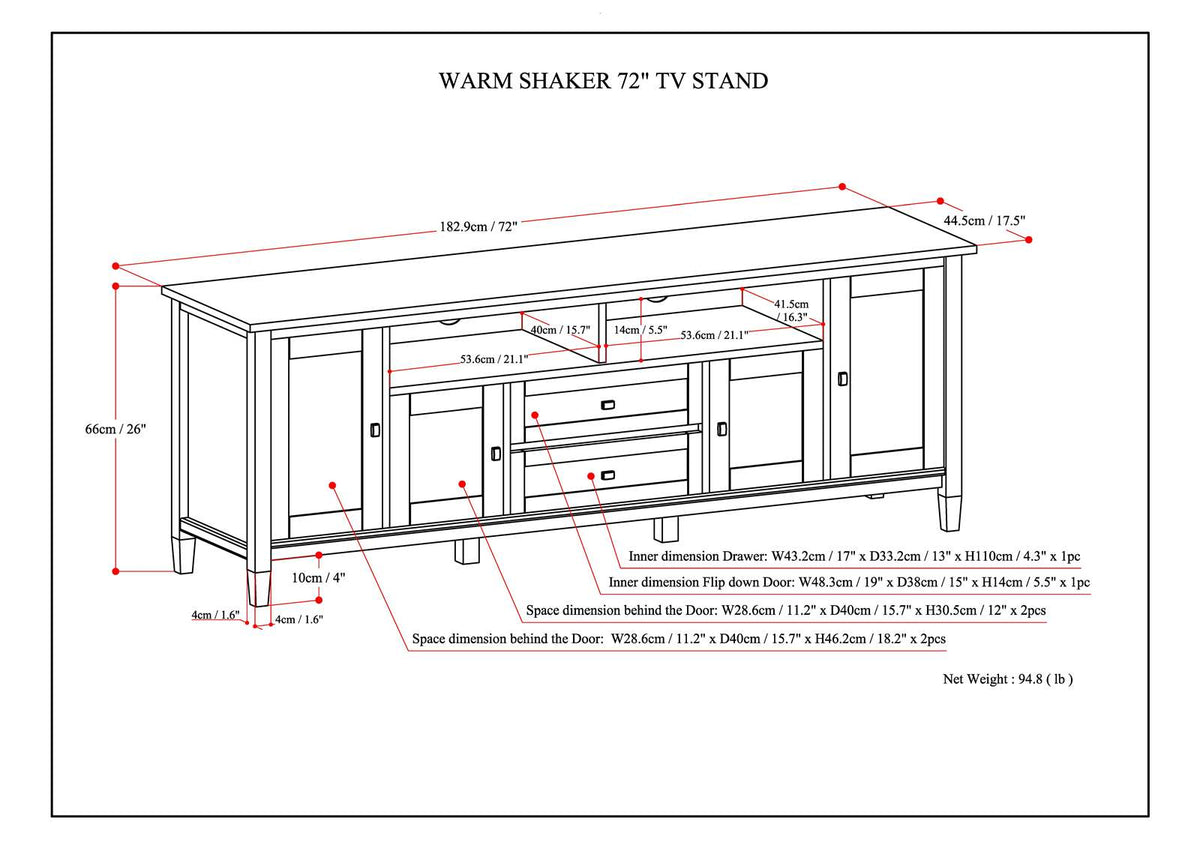 Warm Shaker 72 Inch Wide Solid Wood TV Stand in Hickory