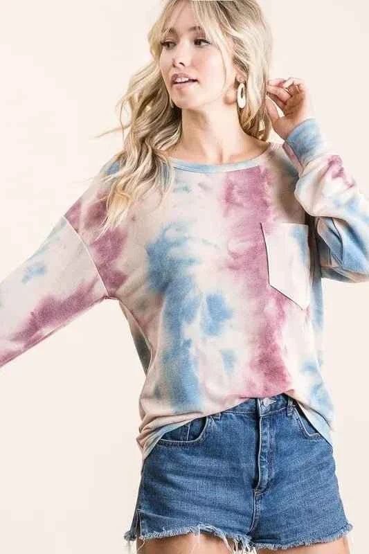 Tie Dye Print Terry Top With Front Patch Pocket Lavender/Blue by BiBi