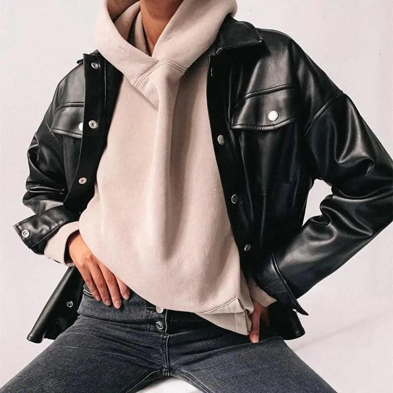 Top Quality Punk Style Women Autumn Leather Jacket Turn-down Collar Streetwear Cool Jackets Ladies Pocket Oversized Pop Jackets