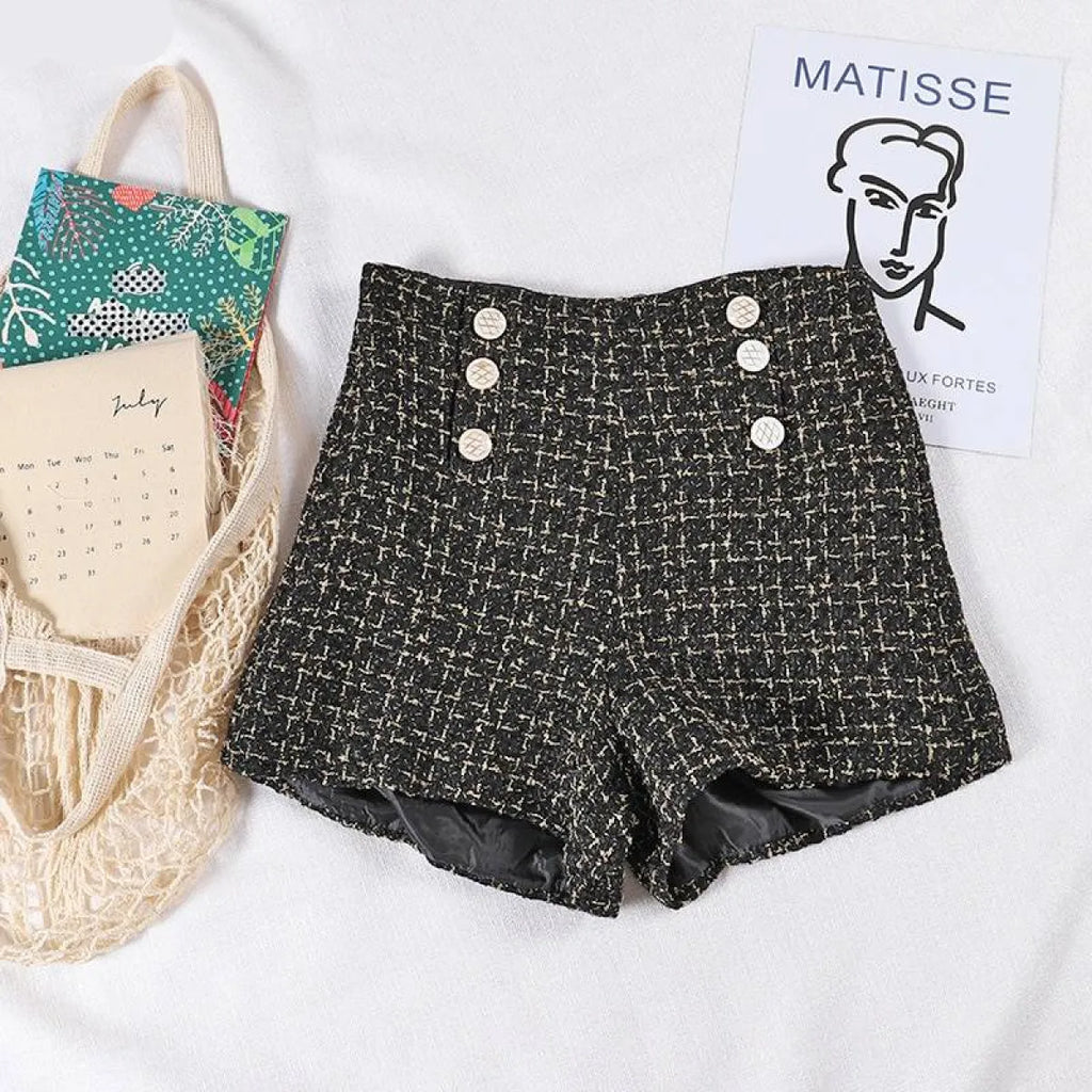 Button Decorated Tweed Shorts for Women