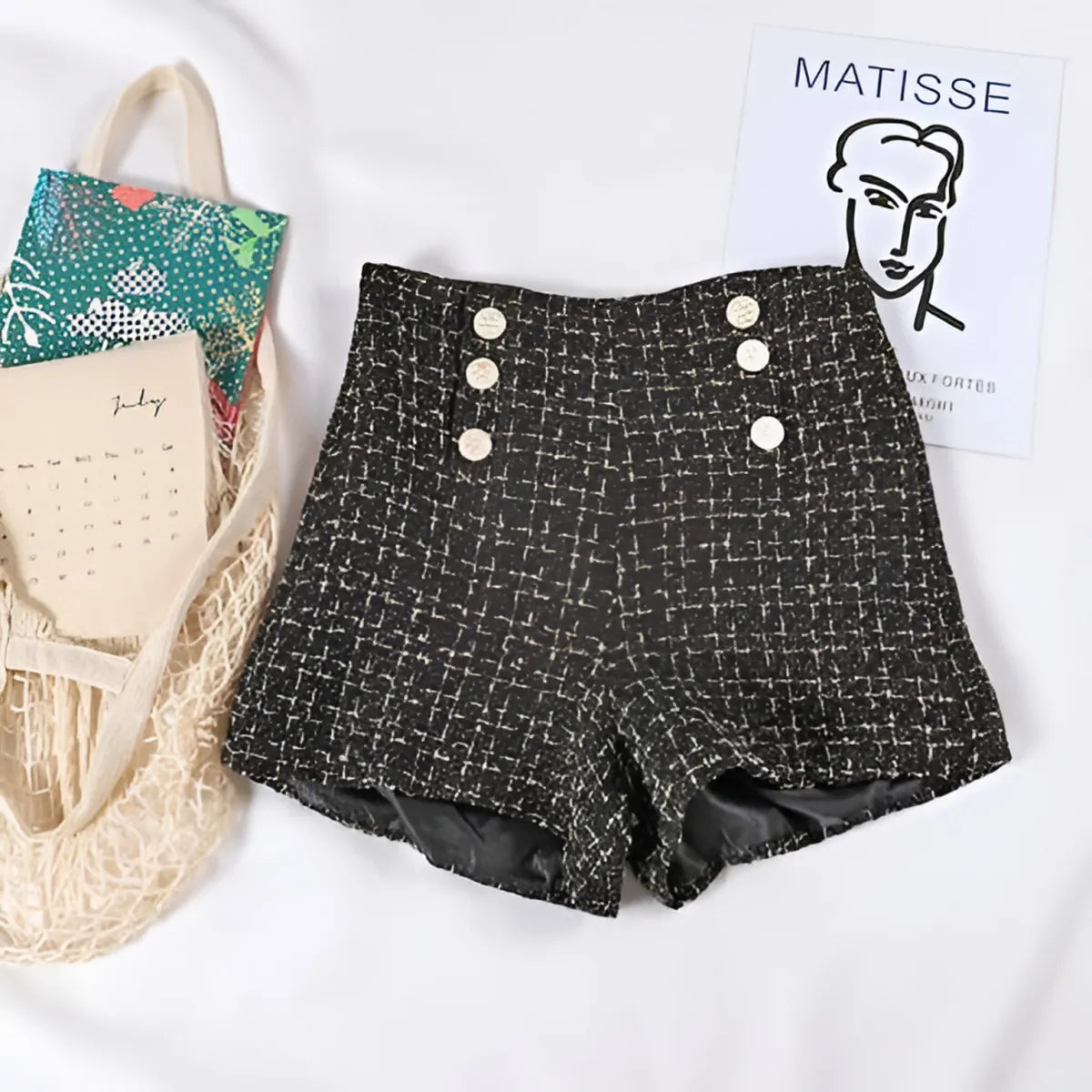 Button Decorated Tweed Shorts for Women
