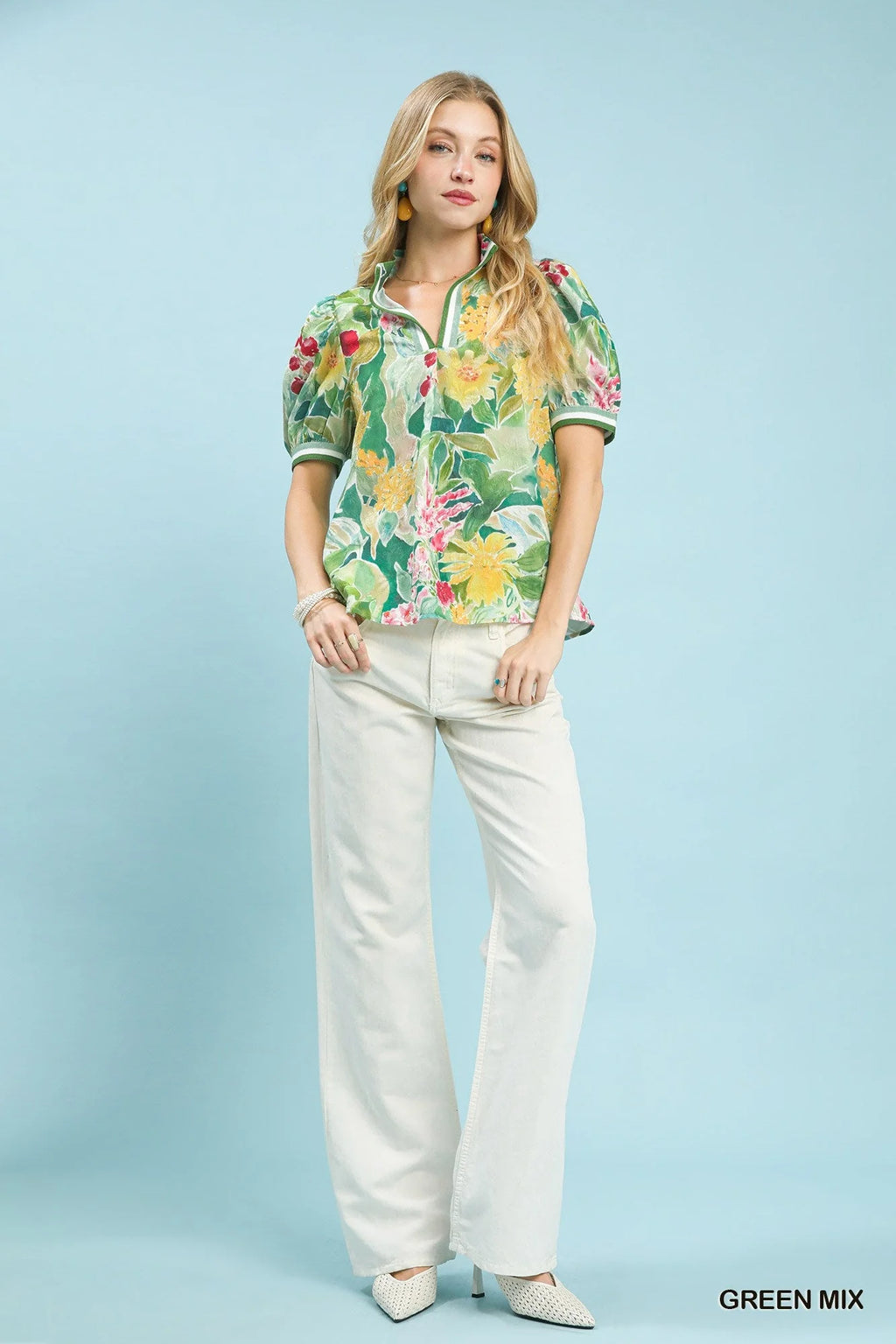 Green Mix Floral Jacquard Bloomscape Print Top by Umgee