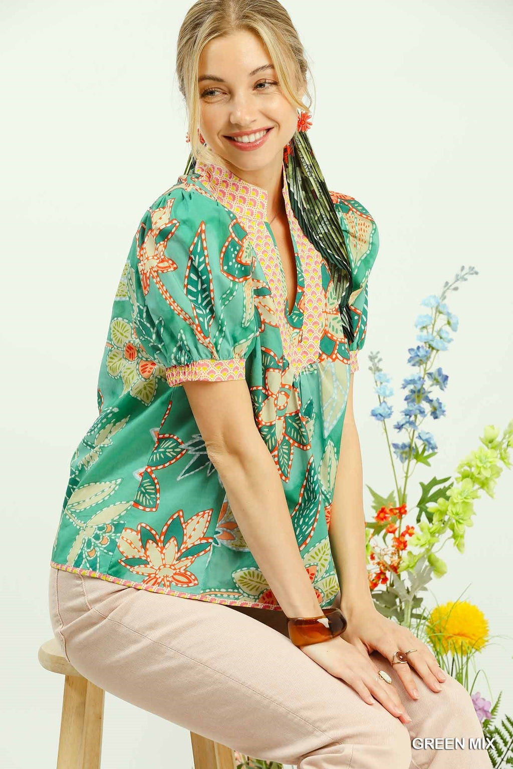 Green Mixed Abstract Print Puff Sleeve Blouse by Umgee