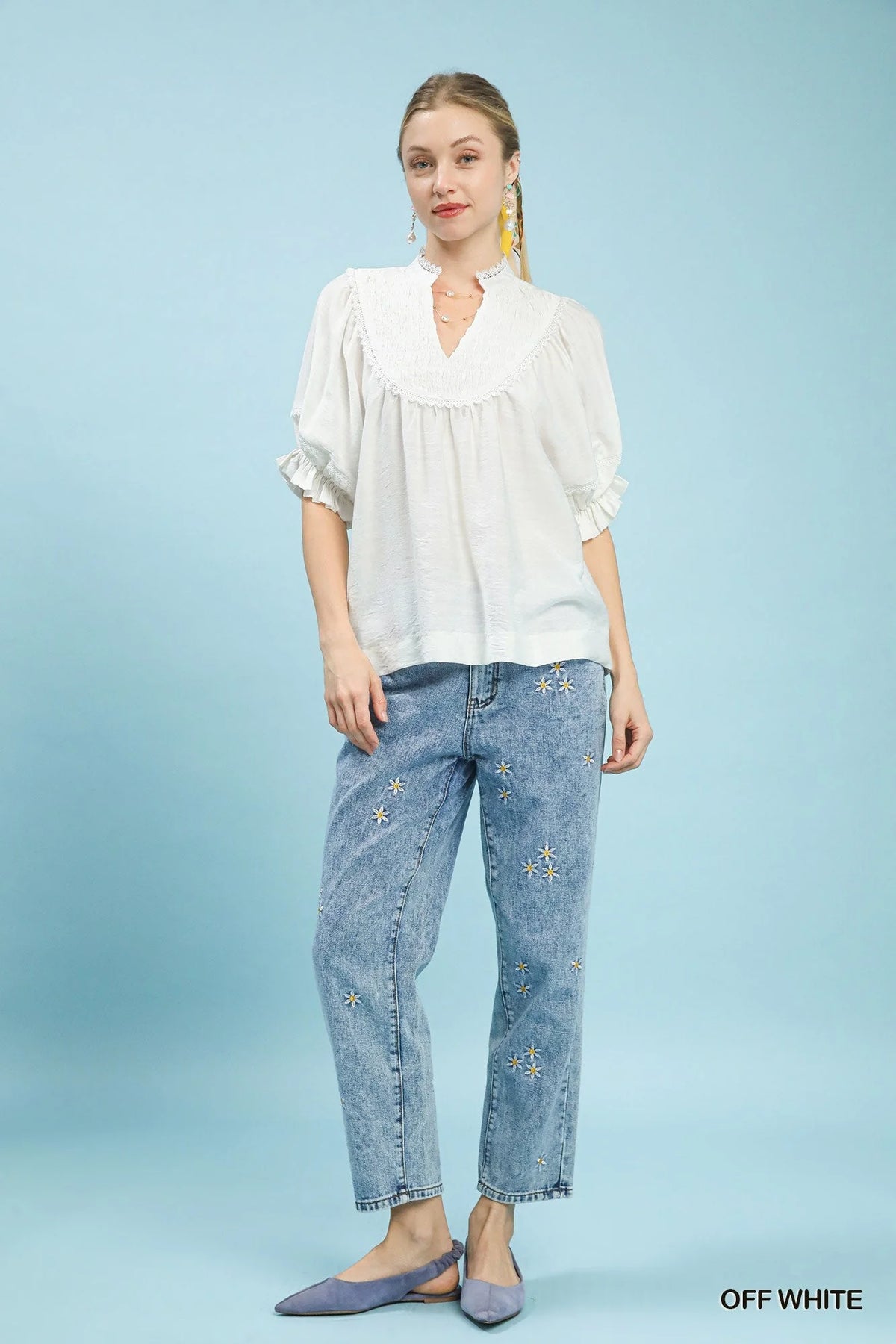 Off White Smocked Yoke Blouse with Ruffle Sleeves by Umgee