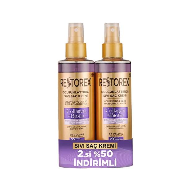 Restorex: Collagen & Biotin Volumizing Hair Leave-In Conditioner - Thicker, Stronger & Shinier Hair - 2x 200ml Bottles
