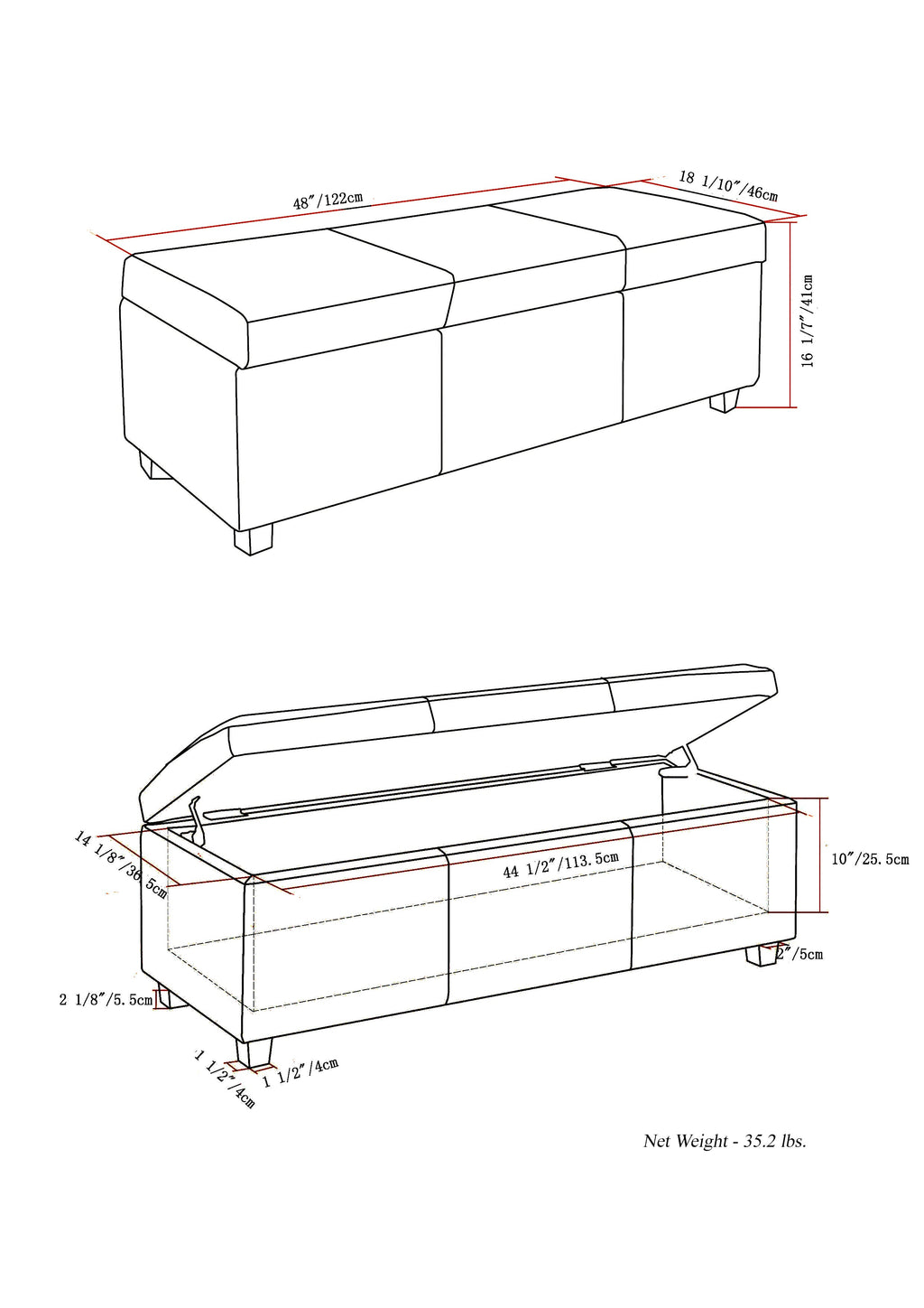 Avalon 48 Inch Wide Storage Ottoman Bench