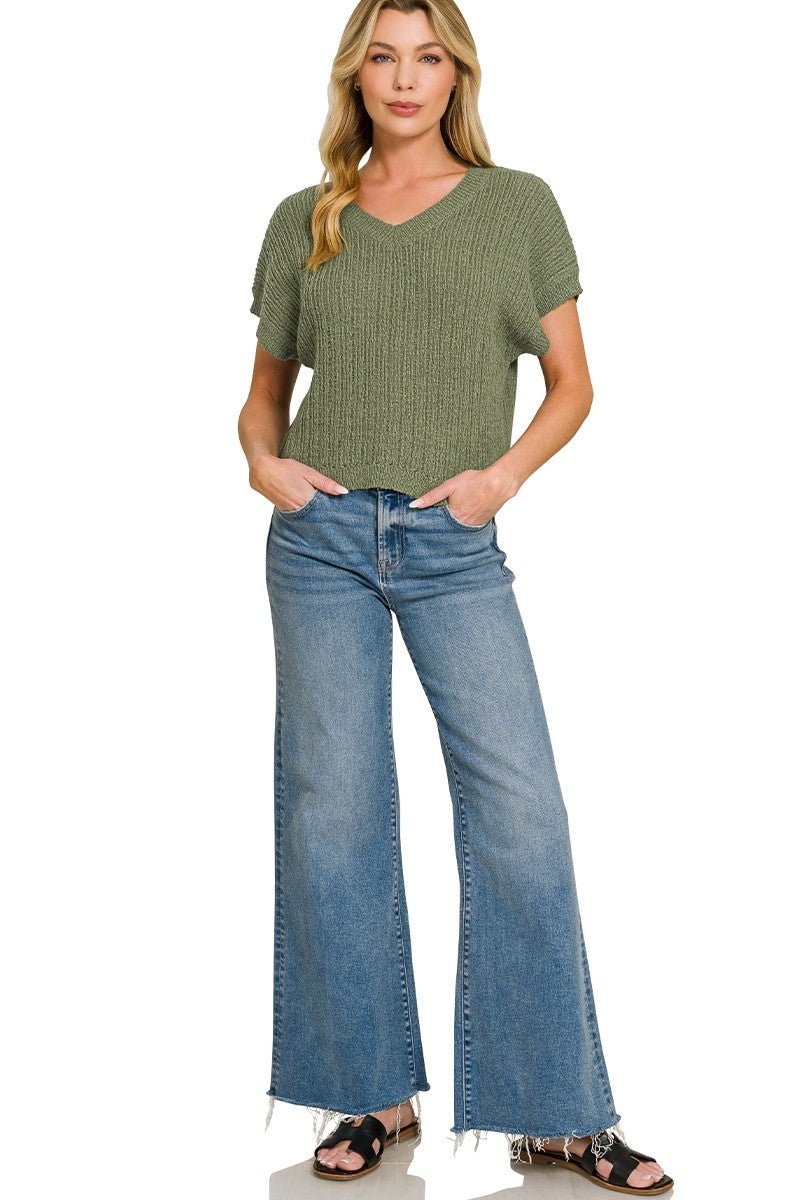 Light Olive Textured Knit V-Neck Cropped Sweater by Zenana