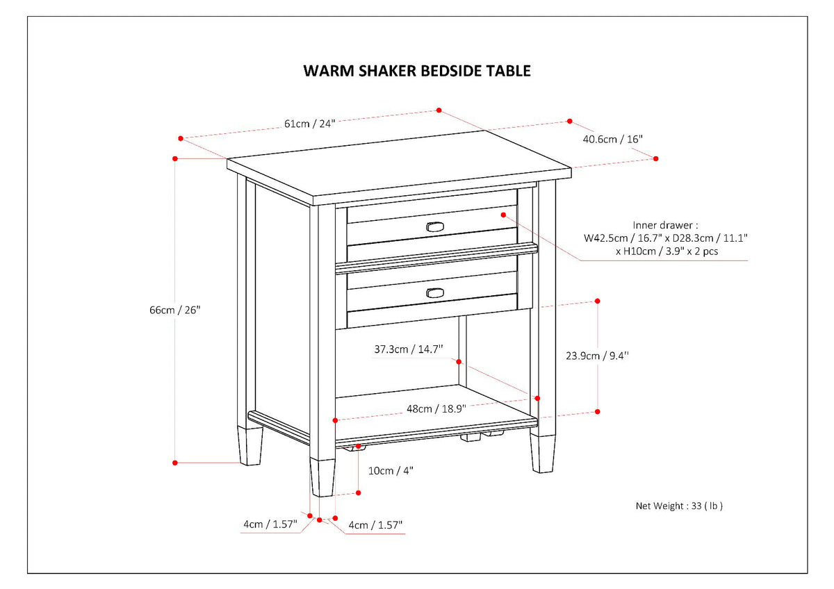 Warm Shaker Solid Wood 24 Inch Wide Transitional Nightstand in Hickory